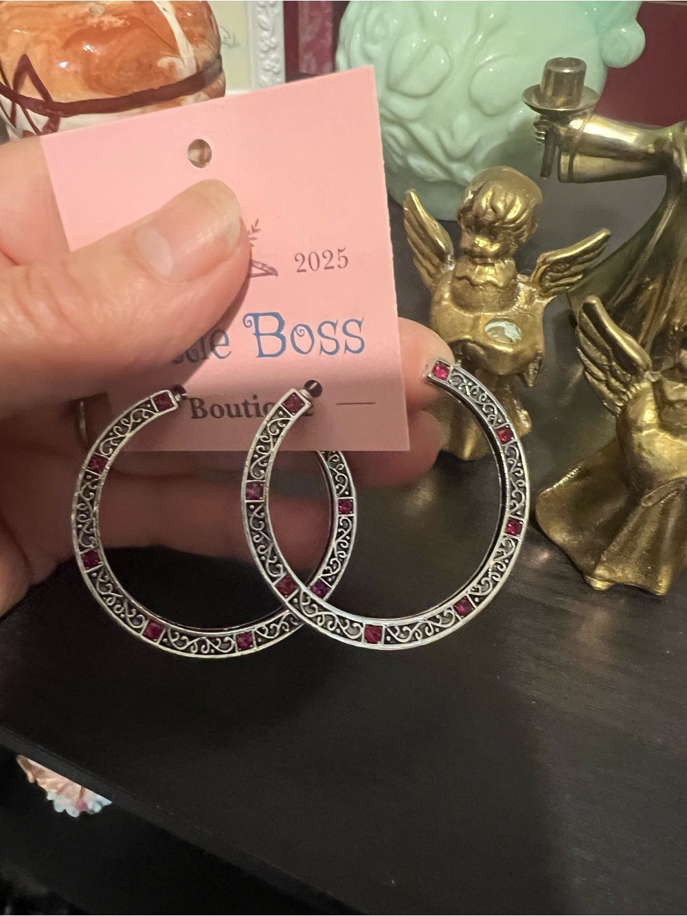 Silver Hoop Earrings with Red Stones